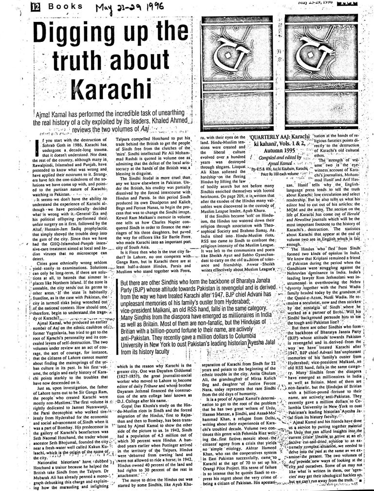 (026) Aaj – Karachi ki Kahani (Aaj 19-20/1996)  – reviewed by Khaled Ahmed in The Friday Times