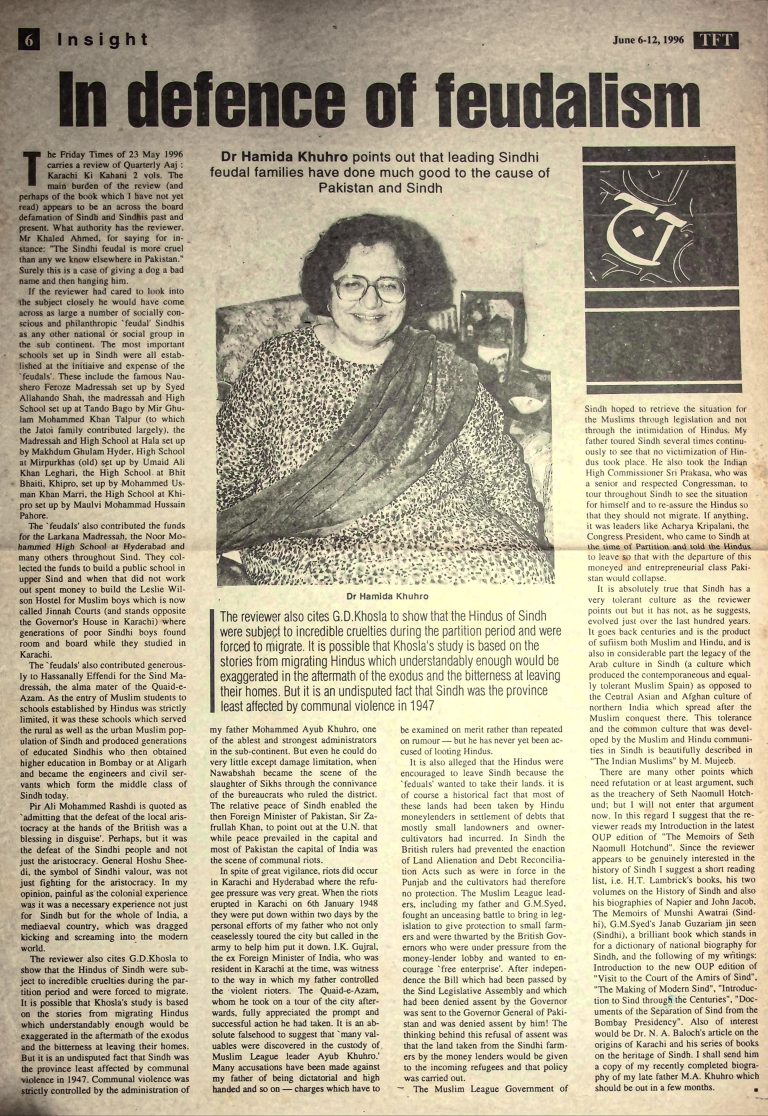 (028) Aaj – Karachi ki Kahani (Aaj 19-20/1996)  – A commentary by Hameeda Khuhro on the review by Khaled Ahmed in The Friday Times
