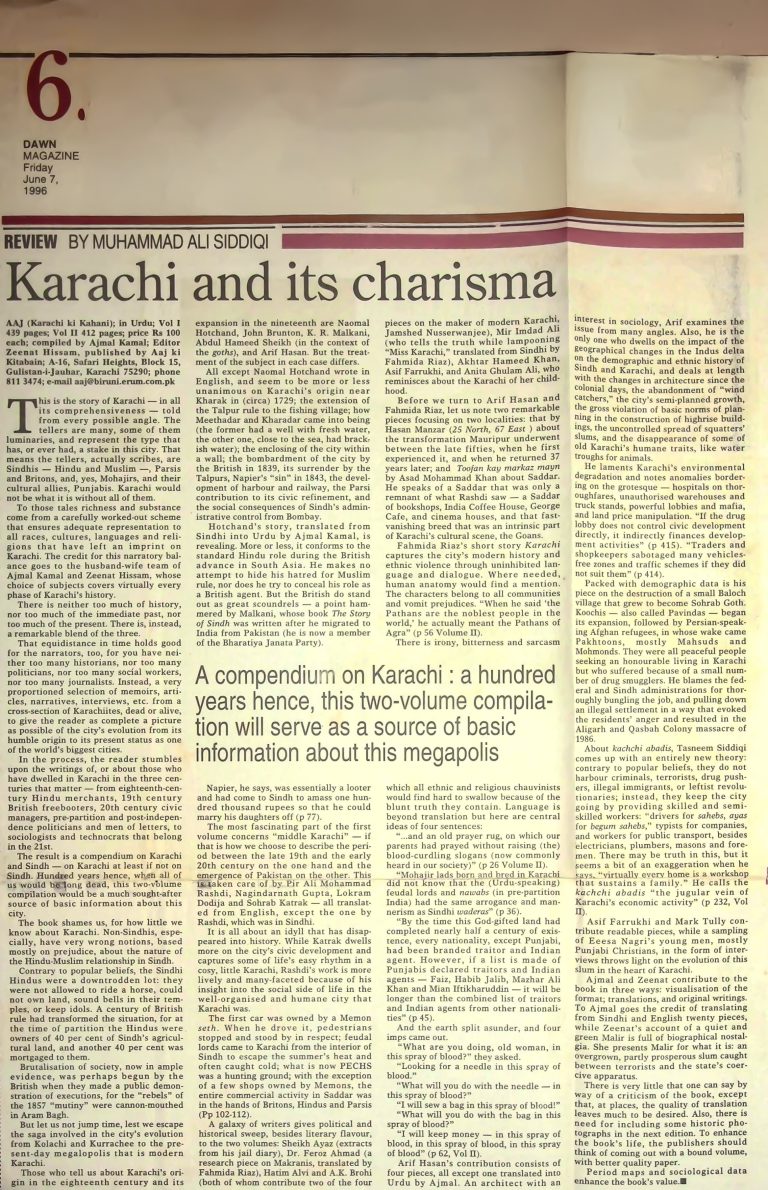 (029) Aaj – Karachi ki Kahani (Aaj 19-20/1996) reviewed by Muhammad Ali Siddiqi in Dawn