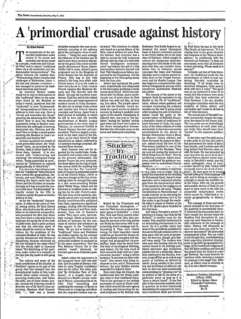 (003) Studies in Tradition (Issue # 1) reviewed by Ajmal Kamal in The News International