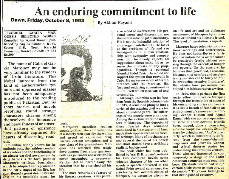 (004) Gabriel Garcia Marquez – Muntakhab Tehreerain reviewed by Akhtar Payami in Dawn