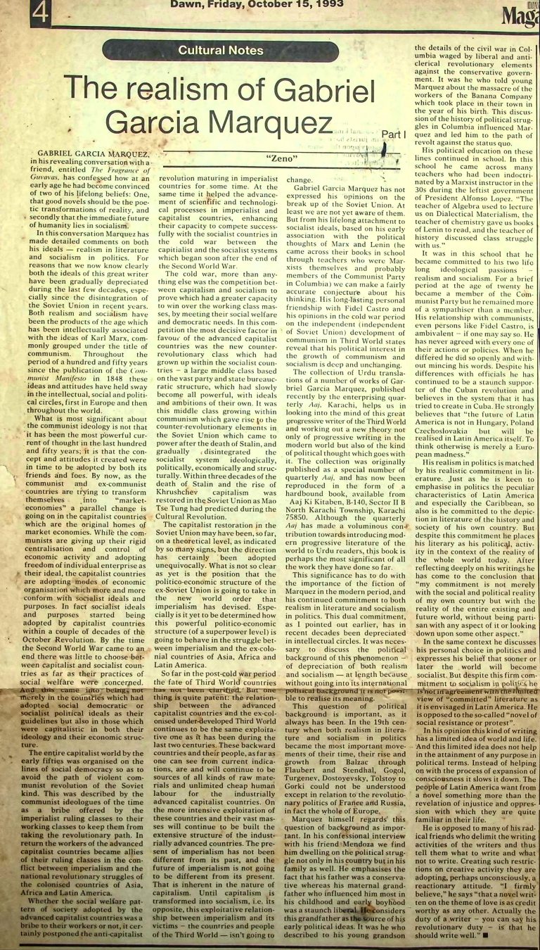 (006) Gabriel Garcia Marquez – Muntakhab Tehreerain reviewed by “Zeno” in Dawn